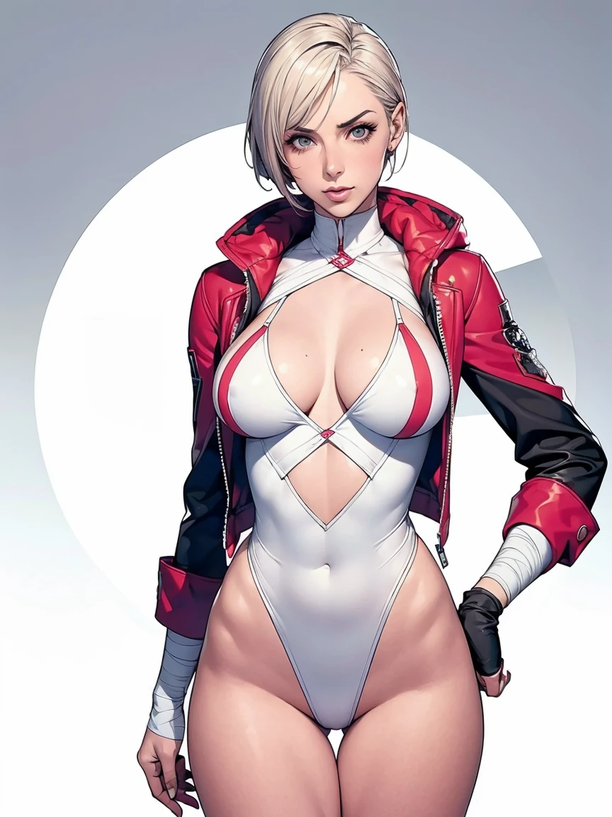 (((Annie Lennox))), (((colorful suit))), (scars), (((bandaged arms))), (((colorful clothes))) (( hood)), (((best quality: 1.4))), (Unbeatable masterpiece), (hyper HD),(CG 8k hyper-realistic), beautiful face, (((breasts big))), (((hyper feminine))), sexly girl, ((round face)), black tattoo,(ultra short red hair with white highlights)), ((( sculptural body ))), (((1 Kizi))), Kizi tatuada de 25 anos com perfect body, perfect hands, perfect fingers ,Beautiful and well-groomed face, (round face), muscular body:1.2,solid color detailed jacket, (Head to thigh photos), Complex equipment, ,Tight clothes,With white stars and off-white stripes,,,,,Armor Metal Electronic Parts, Poison tattoos ) INFO, Kizi, (((standing alone))), , 24歳, sexy, pose de attitude, work of art, dancing, ((slight smile)), post-apocalypse, (((manga style))), bounty hunter, the way you want, perfect body, roupa moderna, advanced technology, white, yellow accent, black, red accent, fur collar jacket, sleeves with vertical striped pattern, background city, (( cowboy shot )). intricate visual, narrow waist, (((wide hips))), wide hips, fit thighs, (((thigh gap))), Thigh gap, background shows a futuristic airplane, open expression, expression happy