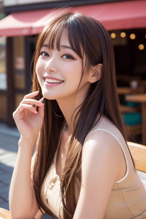 (Surreal), (High resolution), (8k), (Very detailed), (Beautiful and detailed), (Highest quality), (Very detailedな), (masterpiece), (Detailed face), Cafe Background、Yua Mikami's face、Huge 、Japanese: Tie your hair、Laughter