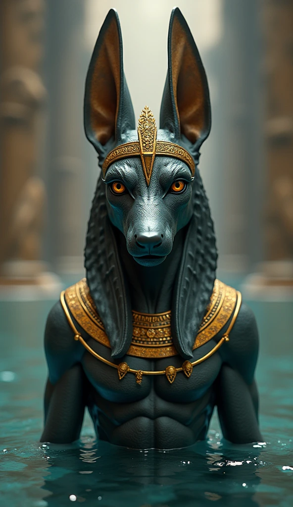 
there is a god in a golden crown standing in a body of water, egyptian god, the egyptian god, photo of ghost of anubis, storm egyptian god, egypt god, angry god anubis, the god anubis, highly detailed textured 8k, highly detailed textured 8 k, anubis, kemetic, very highly detailed 8k