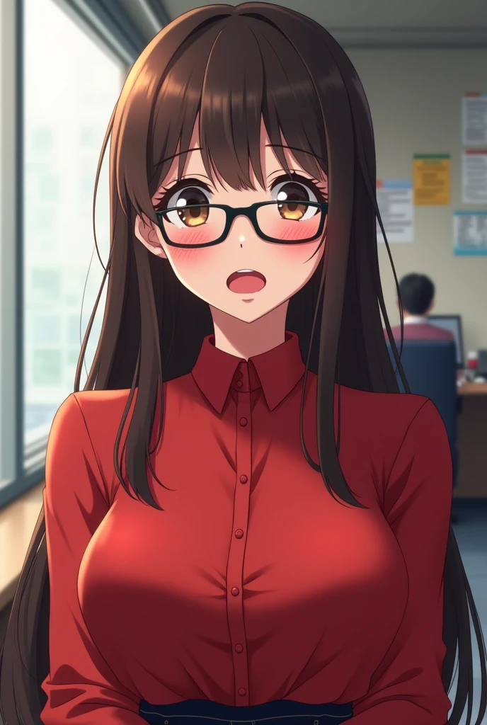 Create an anime character with big boobs, Playful, but shy, which turns into pain, She, should be, long dark brown hair., Dark brown eyes, juicy lips, oval, plump face, glasses secretary, and red clothes.