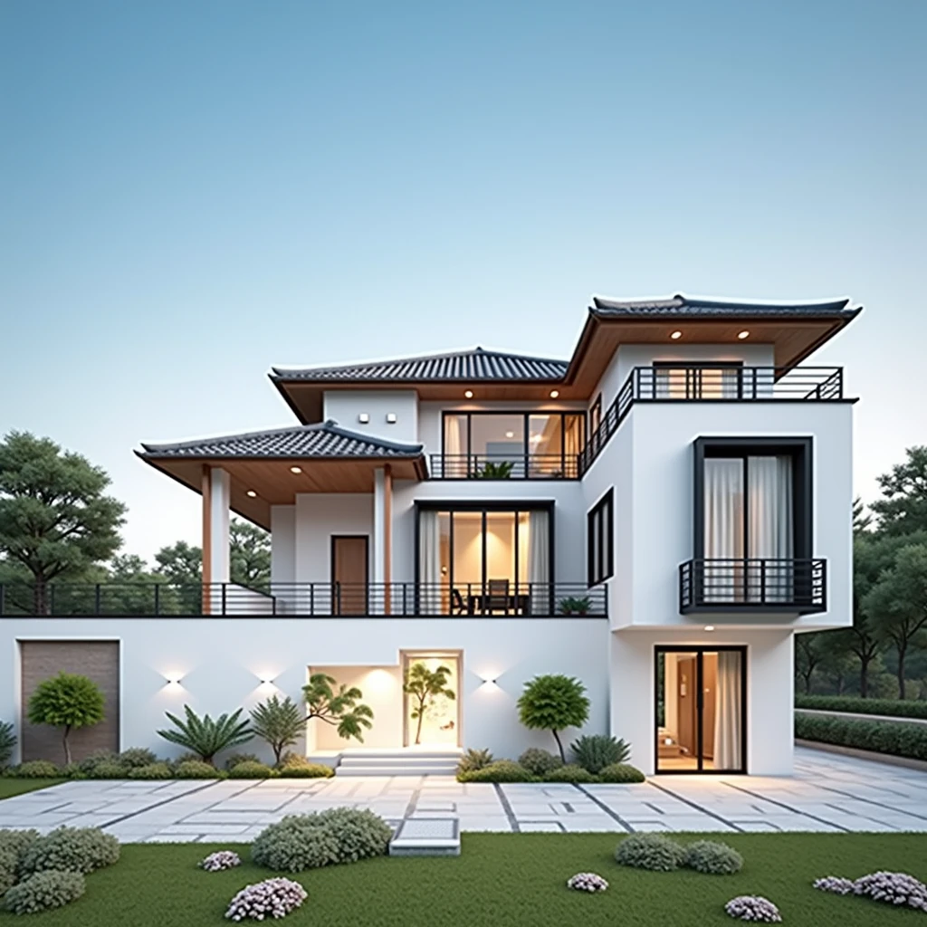 
(photoréaliste : 1,2) Maison semi-moderne, semi-enterrée, de style japonais, maison à trois étages avec terrasse éclairée et beau jardin classique, jardin avec de nombreux arbres, toit en tuiles, toit élégant au design japonais, mur blanc, style super réaliste détails