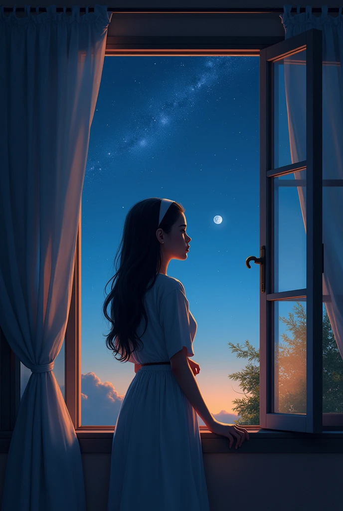 Aisha at home, looking out at the night sky, cherishing the experience, with a newfound appreciation for the beauty of nature and the simple joys of life."