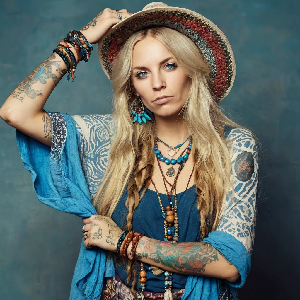 full-body woman with a rude appearance, long mesy blond hair, in bohemian style clothing, eyes blue, tattoos in arms