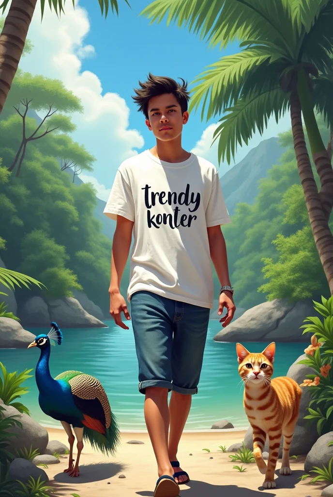 Indonesian village youth, 30 year old coolie, dashing, white skin, looking at the camera, white t-shirt with the words "TRENDY KONTER" clearly visible, walking by the river accompanied by a three-striped cat and a beautiful peacock in the middle of the wilderness