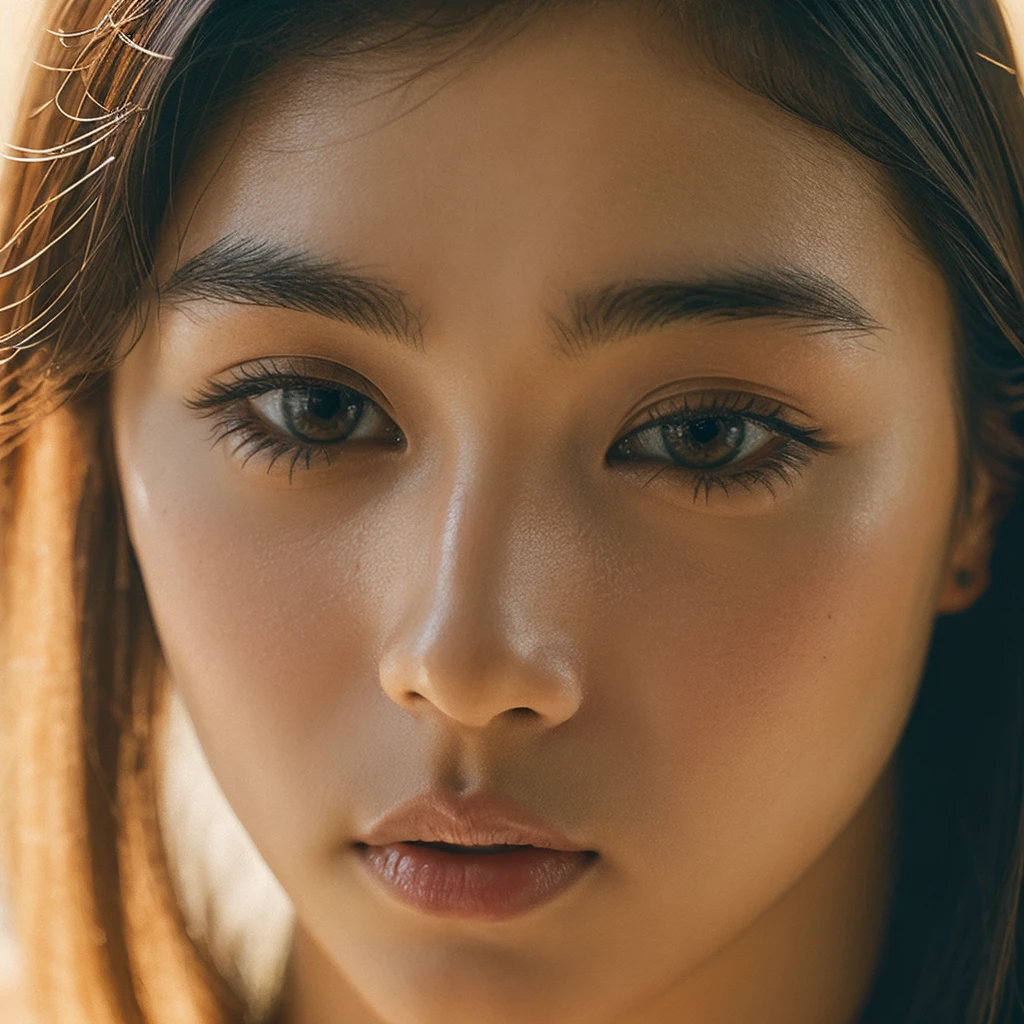 A hyper-realistic image of a single Japanese woman in her early 20s, captured with the nostalgic warmth and subtle graininess of a film camera. Her skin has a warm beige tone with a natural, slightly rough texture that includes visible pores, fine lines, and subtle imperfections such as small blemishes, adding to the authenticity of her appearance. The soft, diffused natural light enhances the film-like quality, casting gentle shadows that create a timeless, organic feel. Her straight, glossy black hair frames her face in a natural, slightly tousled manner, and her deep brown eyes reflect the ambient light, adding depth and emotion. The film camera effect introduces a slight grain and a softer focus, giving the image a warm, nostalgic atmosphere while maintaining the realistic texture of her skin. She is dressed simply, in a way that complements her natural beauty, with the overall composition designed to evoke a sense of genuine, understated elegance. The use of natural light, combined with the deliberately rougher texture of her skin and the film-like qualities, ensures that this image captures the imperfections that make her beauty truly lifelike, focusing solely on this one individual.