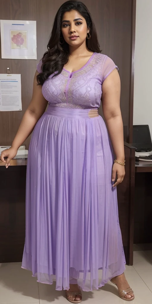 Day scene, A radiant, full-figured South Indian 3 aunty a light purple colour chiffon fully transparent kurta, bra visible through kurta, ,standing, in a office captured in a full-body image with vibrant hues and meticulous details. Full body image