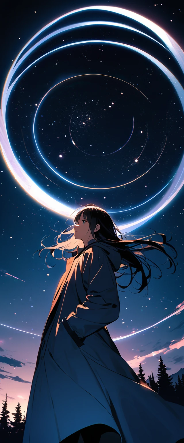 
Many stars twinkling in a beautiful bright winter night sky, long exposure starry sky with many circular orbits, silhouette of a young woman with long hair with her hands in her coat pockets looking up at it, photo taken from long distance, photo from below