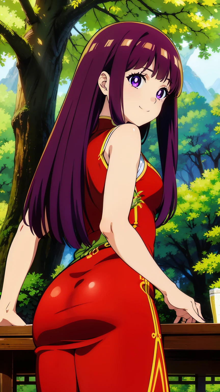 freirenfern, fern, purple hair, long hair, purple eyes, blunt bangs, goddess of beauty, ((perfect anatomy)), image from behind, bright pupils, (thick ass, one girl), bending over a table, flaunting breedable pucy, smiling, (masterpiece, highest quality, high resolution, 8K:1.2), (anime), super resolution, highly detailed and beautiful, highly detailed beautiful girl, highly detailed face, highly detailed eyes, perfect anatomy, cowboy shot, highly detailed cg unity 8k, (chinese cheongsam, forest),