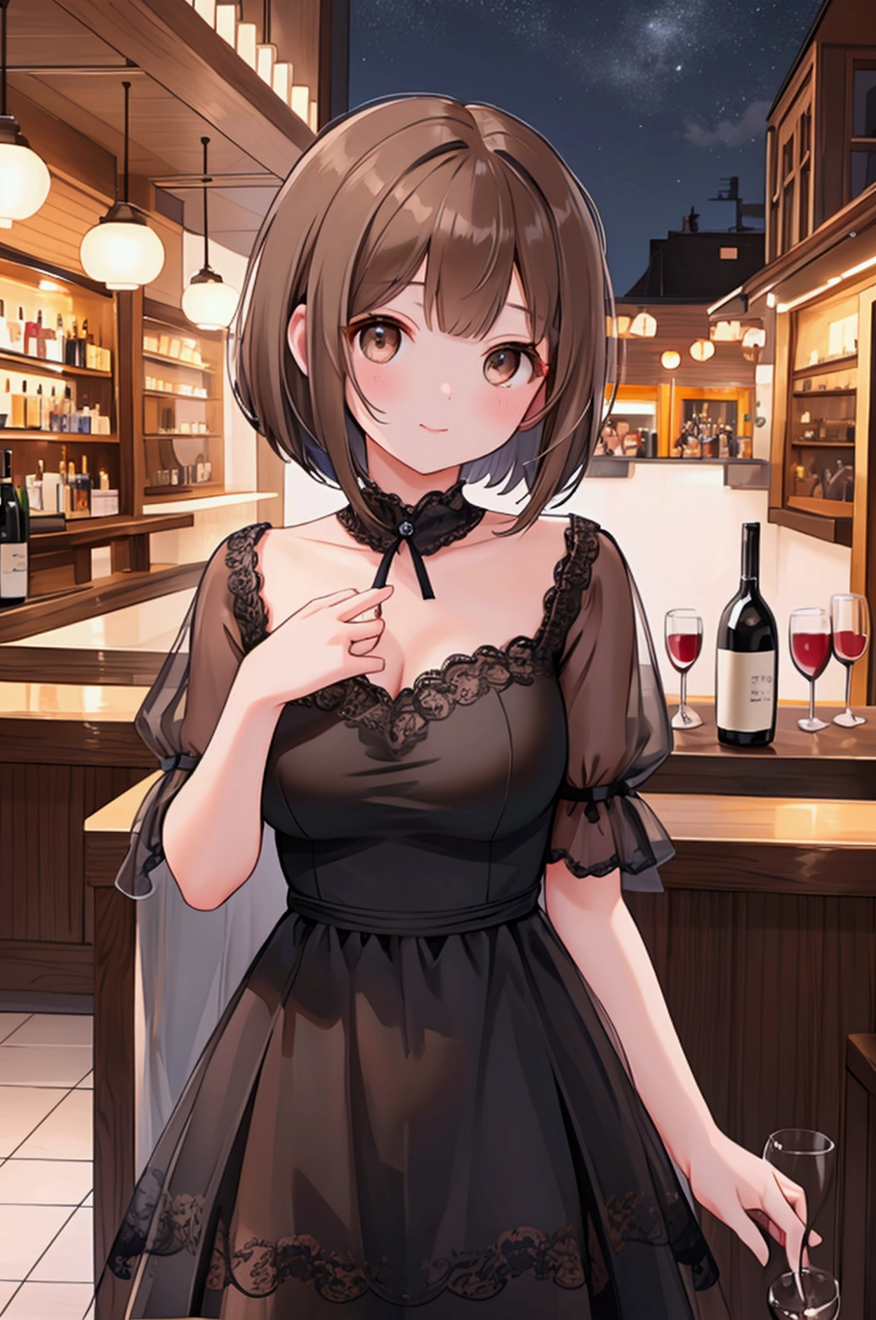 Photorealistic、Highest quality、Highest Resolution、Highest quality、16K、1 beautiful adult woman、Cute face、Delicate face、Bob cut hair、Ash brown hair color、Brown eyes、Delicate eyes、Beautiful Eyes、Beautiful breasts、Big Breasts、Black casual dress、night、dinner、bar、wine、cheers、
