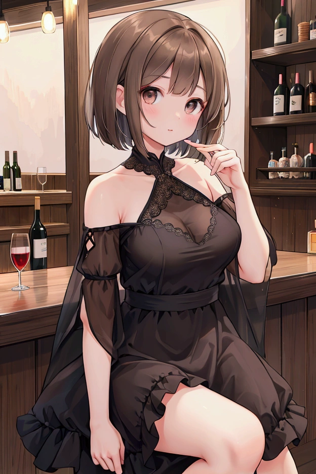 Photorealistic、Highest quality、Highest Resolution、Highest quality、16Ｋ、1 beautiful adult woman、Cute face、Delicate face、Bob cut hair、Ash brown hair color、Brown eyes、Delicate eyes、Beautiful Eyes、Beautiful breasts、Big Breasts、Black casual dress、night、dinner、bar、wine、cheers、