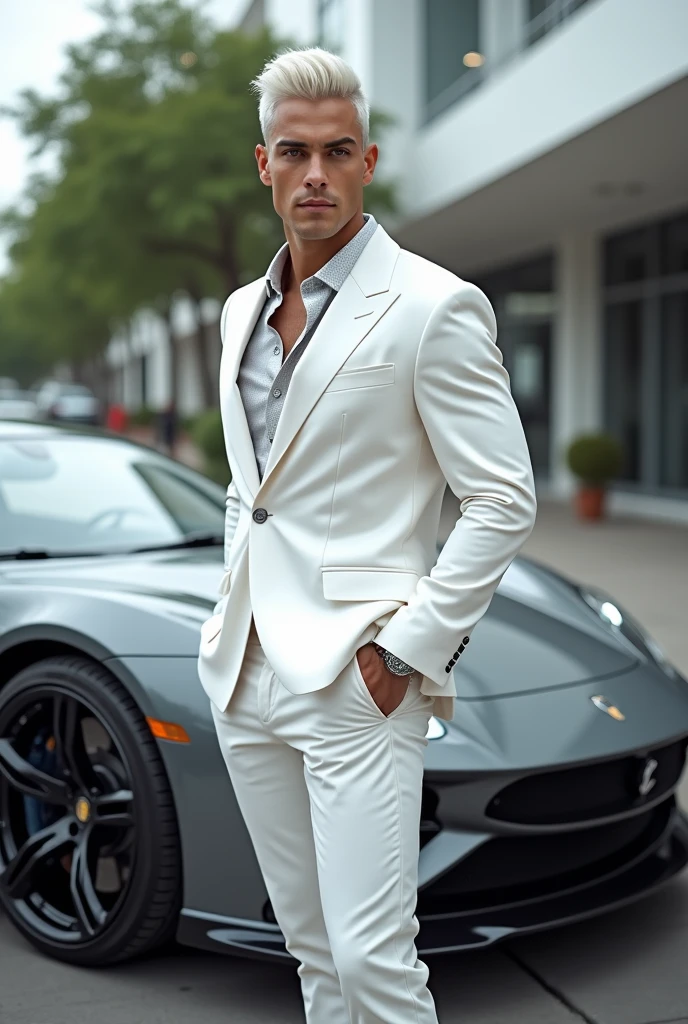 handsome,young man, white hair, white suit, sport car