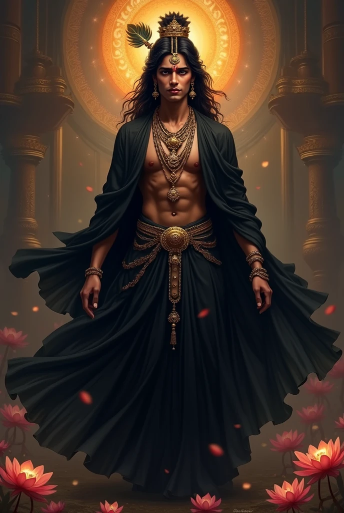Create a lord krishna poster wearing a black gogoe