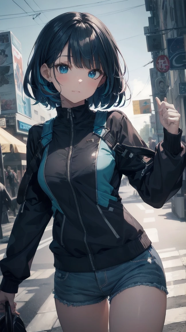 Anime character with gun and black jacket, artwork in the style of Gwaiz, Anime Style 4k yen, Gwaiz, Anime Style. 8k, Gwaiz on artstation pixiv, Gwaiz on pixiv artstation, Ilya Kuvshinov. 4k yen, 4k anime wallpaper, Cyberpunk anime, High quality anime art style, Jinx Face, Wolf Cut, short hair, hot pants, Small breasts, ((Black Hair, Inner bright blue hair:1.4)), Pitch Resuit, rubber ,Nipples, tits, R18, Nipple piercing, Slanted Eyes, Ahegao