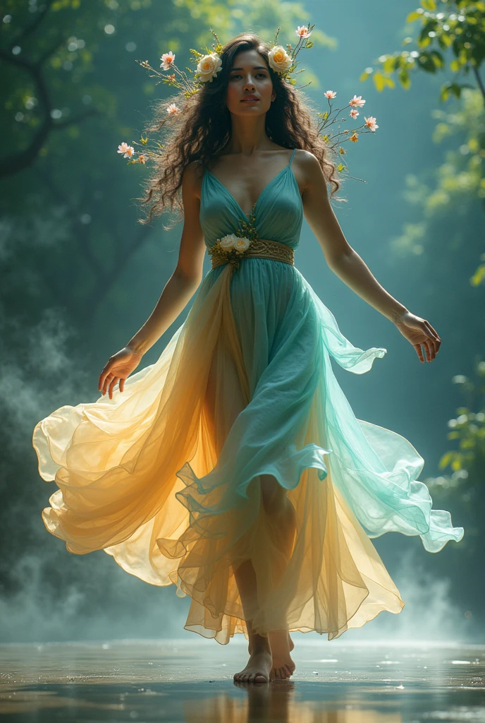 

close up A mystical figure appears, an Indonesian woman with an ethereal aura. Flowers and smoke in her hair, adorned with flowing dresses that reflected the colors of the evening sky—shades of gold, turquoise, and soft silvery blue. Her movements are graceful, reminiscent of a ballet dancer, as she steps lightly across the dance floor. His expression showed joy, a mix of faith and hope. The mirror reflected it, the forest outside came alive.
