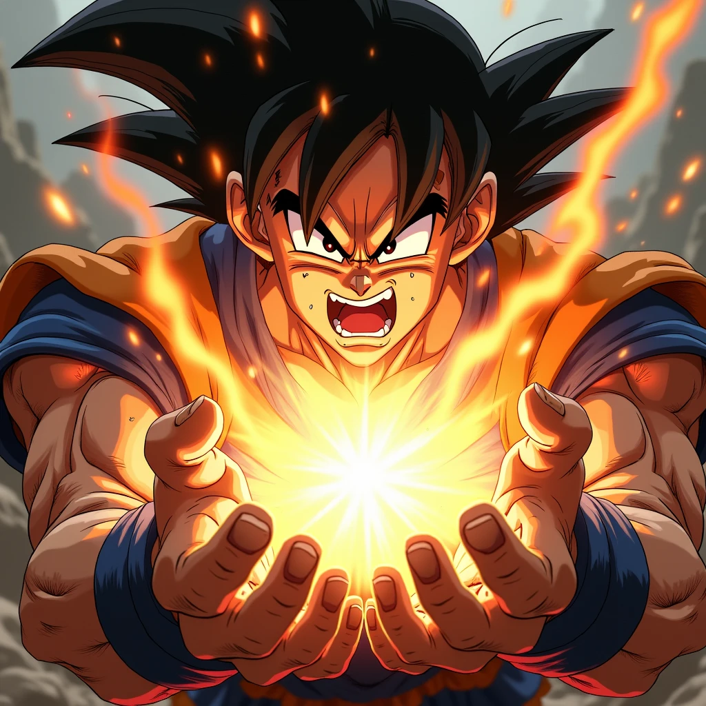 very super close-up image of the hands of Son Goku\(Dragon Ball\(manga\), muscular,shouting,angry\) ,pose of Kamehameha, shooting a beam from hands,realistic art style, generate only hands, screenshot of the action movie