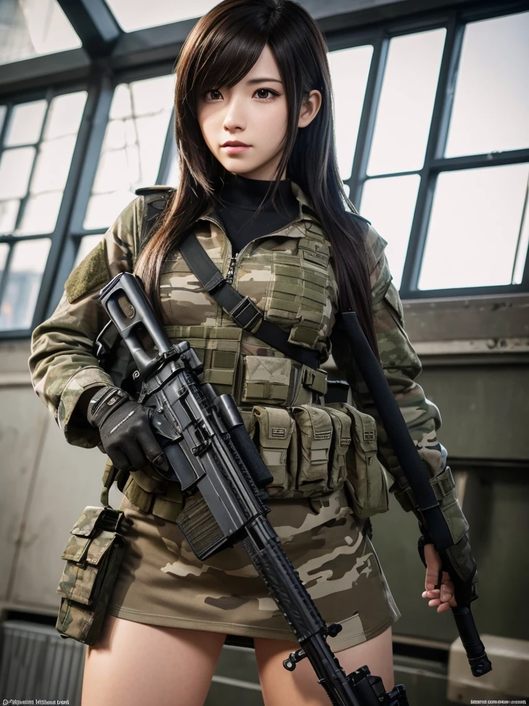 Masterpiece, best quality, ai-generated,official art, final fantasy, tifa lockhart, camouflage clothing,camouflage helmet, pleated skirt, Medium chest, A glimpse of thighs,random hair,perfect proportions, high detail skin, Cute, detailed faces, random sexy pose, precise fingers,panty shot Girl shooting automatic rifle, finely drawn automatic rifle, bulletproof suit, (turn towards the viewer), syncs body orientation and gaze, dynamic angle, battle, war,