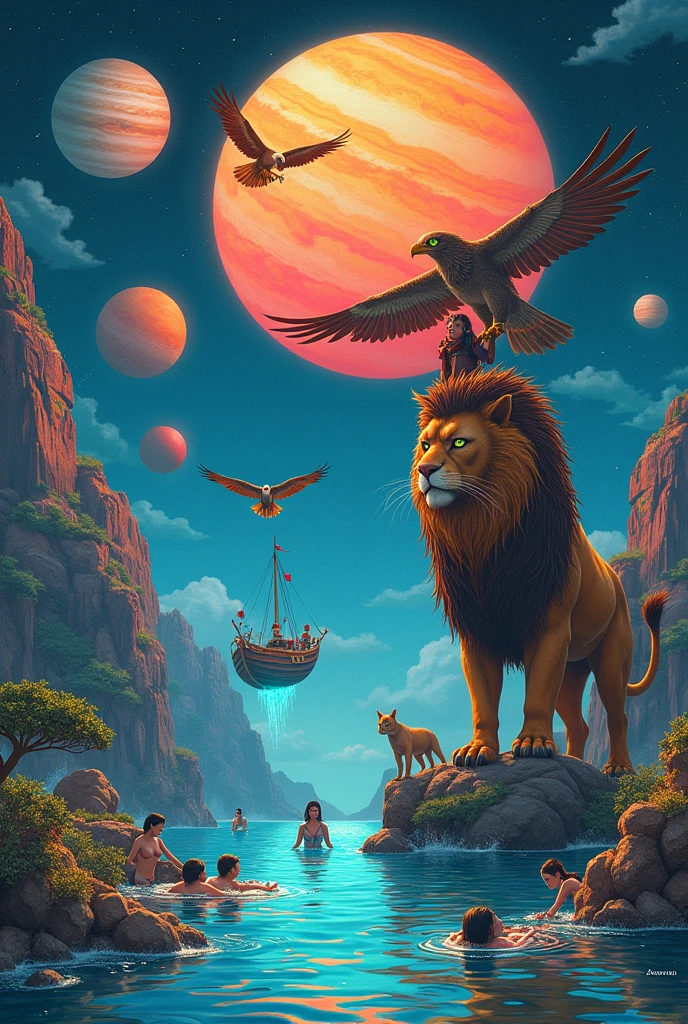 Mixing of Jupiter Uranus mercury mars Venus and earth with boat floating in neon sea and cat flying with eagles and humans swiming in sea happily with women making dall and rice and a person burning fire of blue colour and a huge lion siting on Jupiter with a mascular samurai of green eyes 