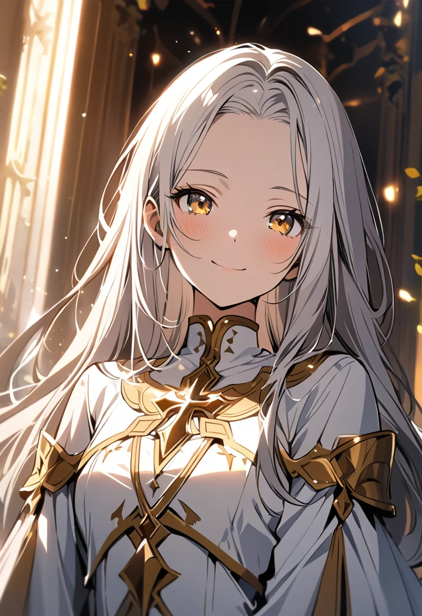 best quality, masterpiece,white hair, gold eyes,white holy clothes, upper body,hair strand,Fair skin, long hair, forehead, gorgeous girl, warm lighting, adorable smile, front face