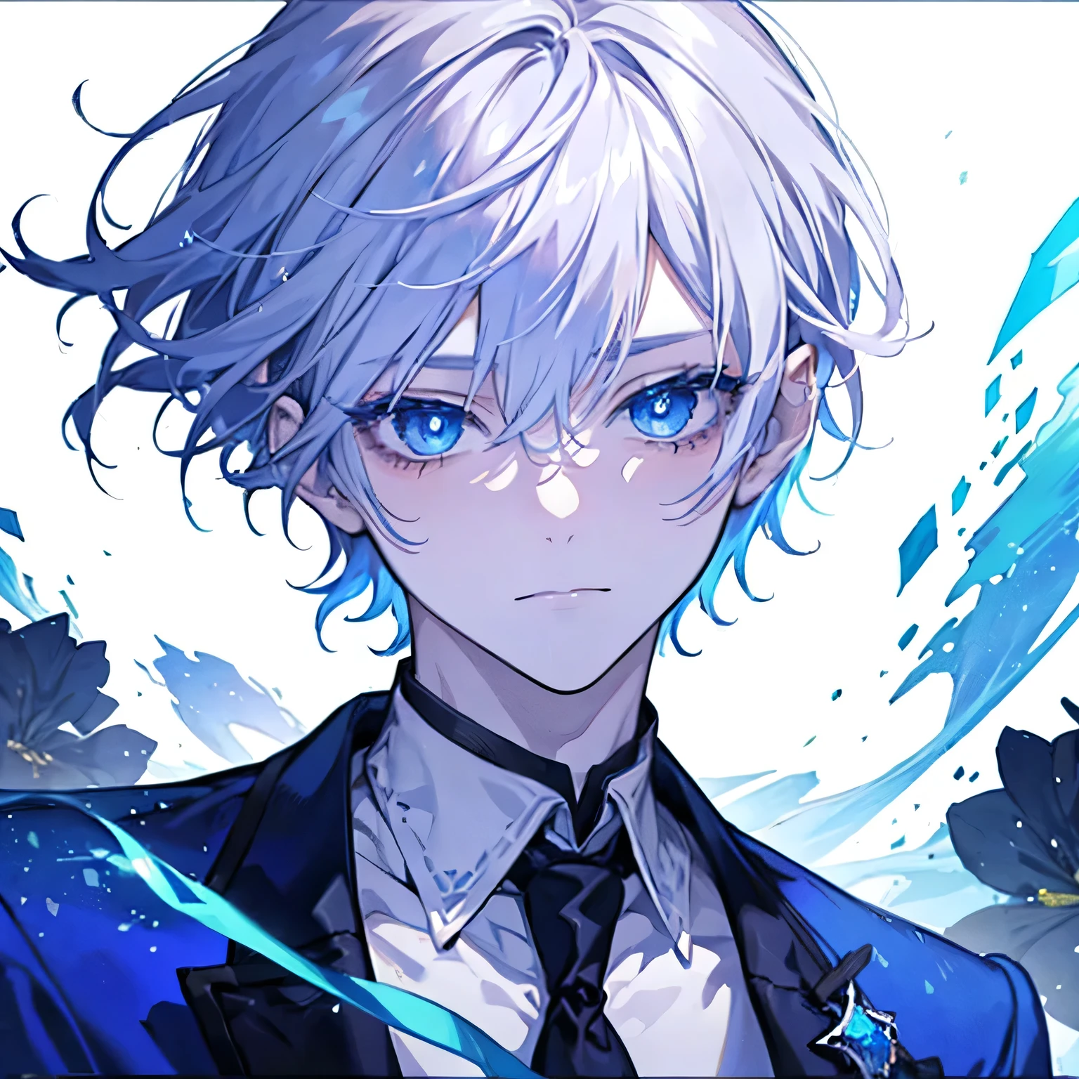 vtuber　juvenile　male　Silver Hair　Formal ID Photo　Blue eyes　Sparkling eyes　Facing forward　male　Eyes close up　Key Anime Art