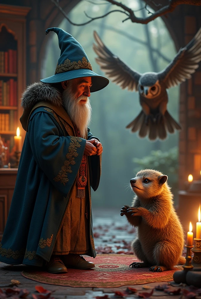When the owl Romulus arrived at the wizard the badger, he found that Bruno was very scared and would not stop crying.