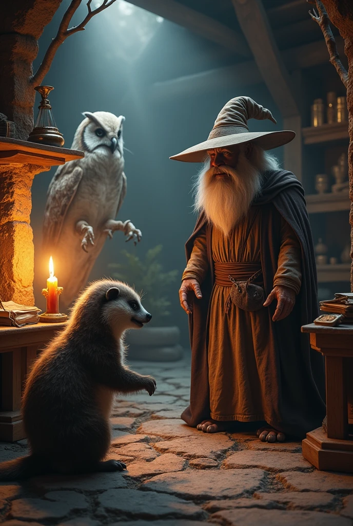 When the owl Romulus arrived at the wizard the badger, he found that Bruno was very scared and would not stop crying. 