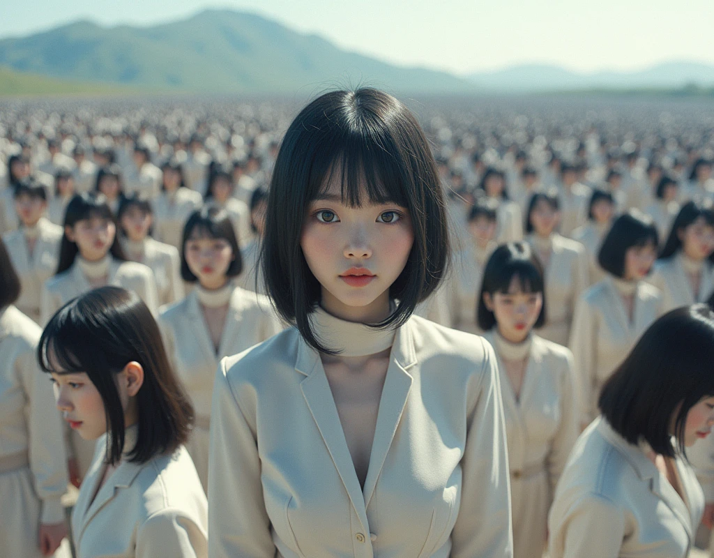(((((Japanese Clone girls=Myself)))))), (((Best Super High quality Myself Clone girls Raw Photography Art))), (16K, Highest quality, Ultra-high resolution, RAW Photos), (((It's so unrealistic., With unparalleled depiction, With an unfathomable sight, An unprecedented and shocking worldview, Clone girls in a world of mass reproduction, Ultra-realistic))), (((Japanese, woman, 20yo, Saito-Asuka))), (Small face, ((Thick black hair, Semi-long hair))), ((V-neck short-sleeve dress)), (((((Very detailed美しい女体, Accurate body structure, Very detailed完璧な, Super busty body with very large breasts, Clearly emphasizes cleavage))))), (((Dark Eyes, Mature face, Cute Smile, A gentle gaze))), (((Her happy and smiling expression is so cute))), ((((((((Very detailed分身増殖描写, ((1girl→Myself cloning→1,000,000,000,000,000,000,000,000,000,000,000,000,000,000,000,000,000,000,000,000Myself Clone girls)))))))))), ((((((((Very detailed, The precise depiction of the proliferation of Myself Clone girls, ((With the perfectly identical bodies of Myself clone girls, With the exact same face as the Myself clone girls, With the exact same hairstyle as the Myself clone girls, In the exact same clothes as the girls who are my clones, Perfectly the same height as the Myself clone girls, Super big breasts, just like the Myself clone girls)))))))))), (((Myself clone girls only))), (((Multiple pairs, Very detailed depiction, (Myself clone girls hug each other, Myself clone girls assemble, Fun conversations with fellow Myself clone girls, A fun conversation between Myself clone girls, Myself clone girls holding hands, Walking with lots of Myself clone girls)))), (((Everyone looks at the camera))), (((Unbelievably crowded, Transcendent Myself clone girls intimately, Countless Myself clone girls surround you in 360 degrees))), (Bright, soft sunlight), (((Very wide field of view, Very detailed, Detailed ultra-perspective depiction with clear depth, wide view))), (((((Landscape with a curved slope))))), (((Very photographic and detailed depiction, Myself clone girls will multiply infinitely and fill the surroundings from one side to the horizon with their bodies tightly packed together without any gaps., A scene of endless Myself clone girls and a fun atmosphere))), (Focus on the average value of the image)