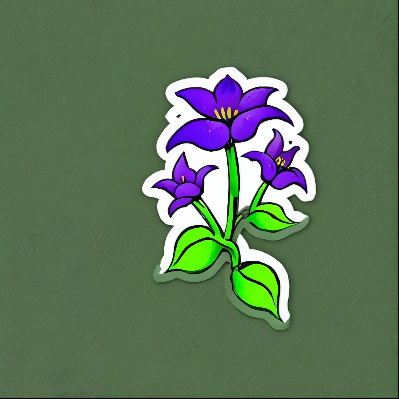 A simple and clean illustration of a Japanese bellflower (kikyo) with purple petals and green leaves, similar to a sticker design. The flowers should be delicate, with five petals each, and the stems should be thin and slightly curved. The background should be plain or light to emphasize the flowers, making it suitable for a sticker design.