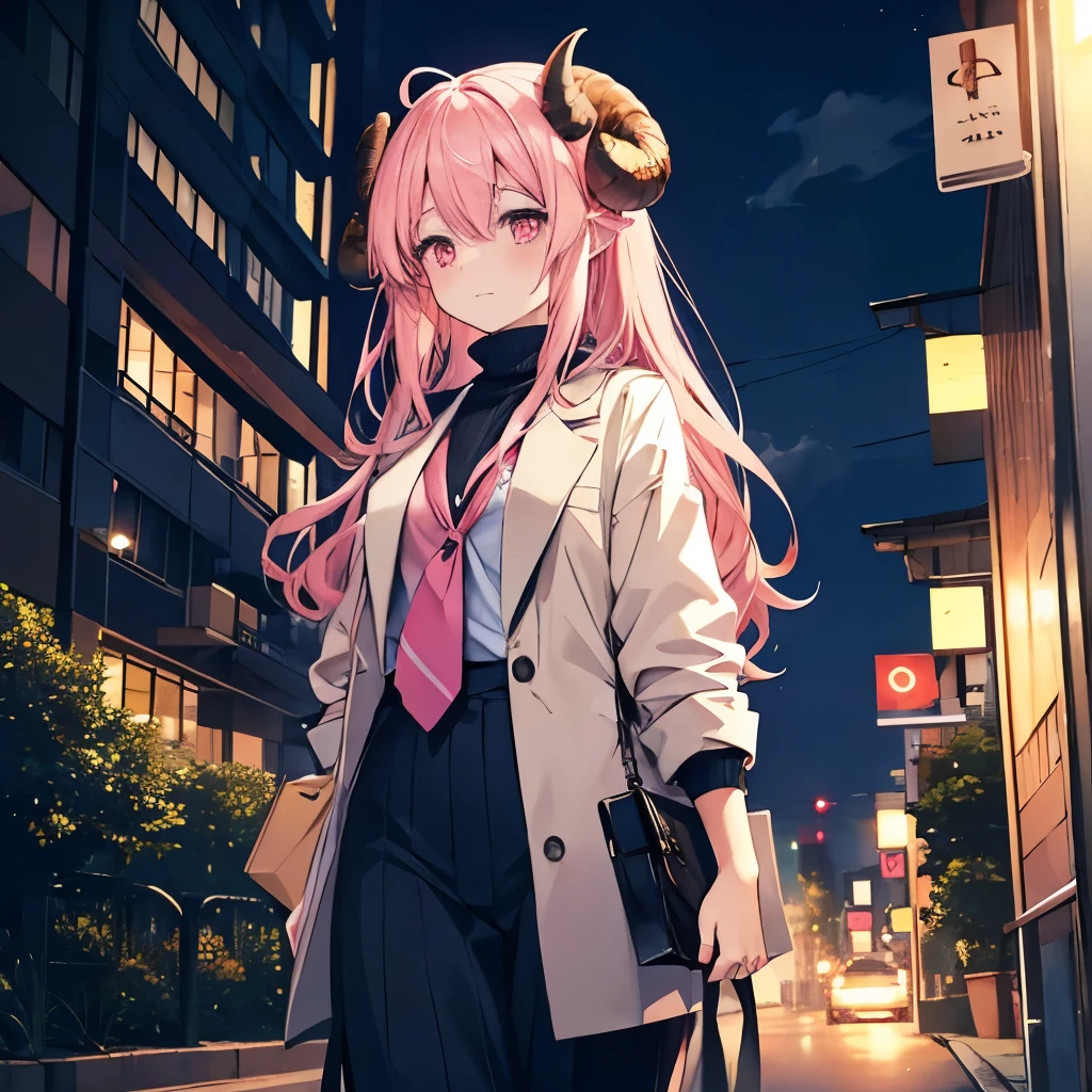 An anime-style illustration of ‘Fua-chan’ finishing work and heading home. Fua-chan has distinctive features: long pink hair styled in soft curls resembling sheep’s horns, and pink eyes. She is depicted walking out of an office building, holding a bag or briefcase with a tired but relieved expression on her face. She is wearing professional attire suitable for the workplace, perhaps with her jacket draped over her arm. The background shows the exterior of the office, with the evening sky starting to darken, streetlights turning on, and a few people still around, creating a sense of completion and the transition to a relaxing evening after a long day at work.