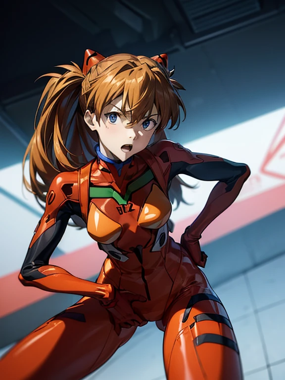 ultra-detailed, illustration, Beautiful Face, Beautiful body, ((souryuu asuka langley, interface headset, red bodysuit:1.4, Orange-brown hair)), glowing eyes, Sparkling Eyes, (beautiful and detailed eyes:1.1), whole body, (((Raise left index finger to attention:1.4, Place the other hand on your hip, Attention gesture))), (Mouth open in a preachy tone:1.25), (Leaning forward), The background is NERV Headquarters, [[delicate fingers and hands:0.55]::0.85],(detail fingers), (Toon Shader Rendering), photo with an 85mm camera, ((masterpiece, best quality, high resolution))