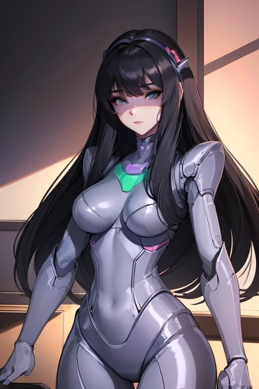 (masterpiece),(Highest quality),(Super detailed),(Best illustrations),(Best Shadow),(Absurd),(Detailed Background),(so beautiful), 16K, 8K, 4K,(Best Shadow),empty eyes,robotization,woman ,big bust,Robot Joint ,Metal skin,Black Suit,long hair,a suit that covers the whole body,tight bodysuit