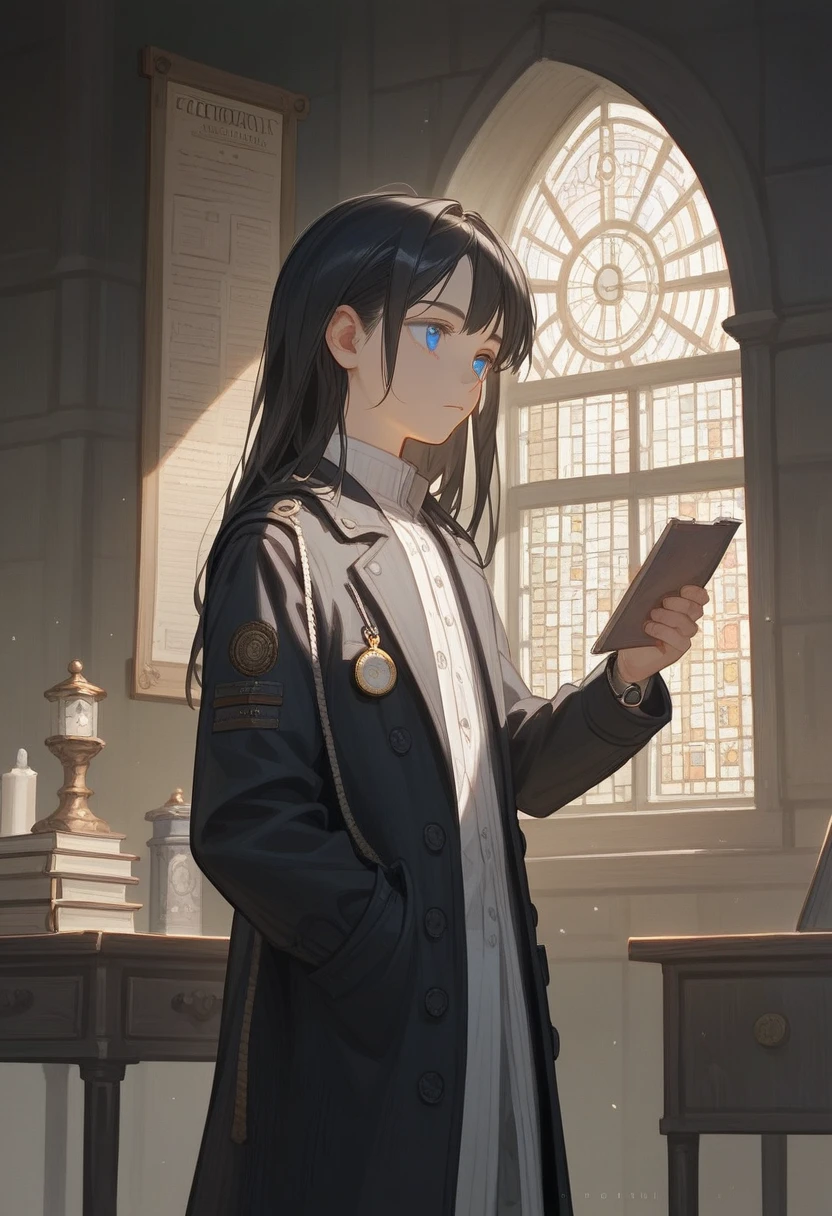 Ten-year-old boy,Medieval style,Black trench coat,Standing,whole body,站在side,side对观众,Far from the audience,calm,high quality,8k,Ultra HD,masterpiece,Detailed facial depiction,Blue Eyes,Black Hair,Berets,Scholarly demeanor,young,Preschool,Black trench coat,whole body,Preschool,Pocket watch in hand,Medium long hair,(side对着观众),side,Turn your head to look at the audience,whole body