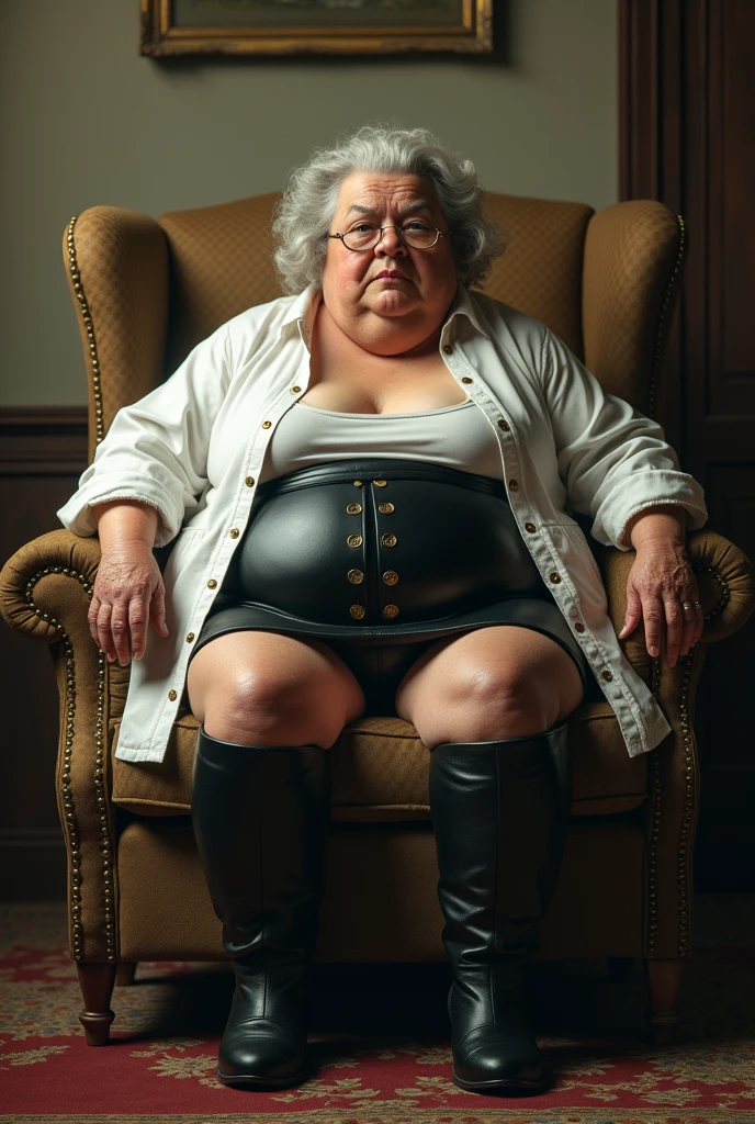 Overweight old grandmother.
She is wearing an open white cotton shirt, une mini jupe en cuir noir avec boutons devant et des cuissardes à talons hauts.
Elle est assise sur une chaise du salon.
photo realistic