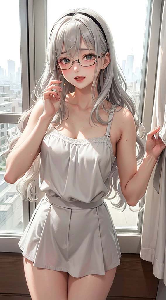 1Girl, Solo, Anime, Ideal body, down blouse, laced blouse, oversize, loose. (Small breast:1.1), (Hard nipples:1.1). Beautiful, Gorgeous, Fresh, Blunt Bangs, (White Grey Hair:1.5),(Straight and Wavy Long Hair:1.3), laced camisole, casual, eyeglasses, mini skirt, stocking, Comfort, cotton Texture. (Standing:1.3). Earrings, Thin Black Headband, Green Accessories, Environmental Details, Bed Room, Natural Light, Modern Bed, Chair, Window, White Curtain, City View. pov, anime style, UHD, retina, masterpiece, accurate, anatomically correct, textured skin. High Resolution, Looking at the viewer, Blush, Best Quality, Award Winning, Accurate, Embarrassed, seductive smile, sweating, naughty smile, Naughty Face, Naughty, Gradient Eye Color, Sexy Pose. Cowboy Shot, open mouth, sweat, sticky sweat.