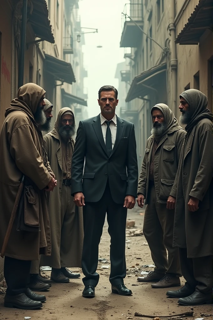homeless people fighting with a businessman