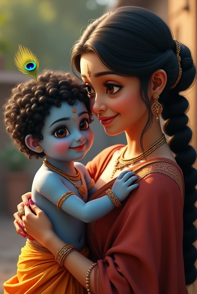 "Create an ultra-realistic image of baby Krishna with his mother, Yashoda, capturing their deep bond of love and affection. Baby Krishna should be depicted as an adorable child with smooth, radiant blue skin, large, expressive eyes filled with innocence and mischief, and a joyful smile that lights up his face. His curly, jet-black hair should be adorned with a simple peacock feather, emphasizing his playful nature.

Yashoda should be depicted as a beautiful, loving mother with a warm, caring expression. Her skin should have a soft, natural glow, and her features should be gentle and maternal, with large, kind eyes that gaze at Krishna with deep affection. She should have long, dark hair, partly tied back, and adorned with simple yet elegant jewelry that reflects her maternal grace.

Yashoda should be dressed in a traditional saree in rich, earthy colors, like deep red, maroon, or saffron, with intricate patterns and designs. Her arms should lovingly cradle Krishna, holding him close to her, while he might be reaching out to her or playing with her jewelry. The background should feature a rustic, homely setting, perhaps within a simple, cozy village home or a lush courtyard, symbolizing the warmth and simplicity of their relationship.

The atmosphere should be filled with warmth, love, and divine energy, capturing the essence of the pure and loving bond between Krishna and his mother Yashoda, presented in a highly realistic and detailed manner."