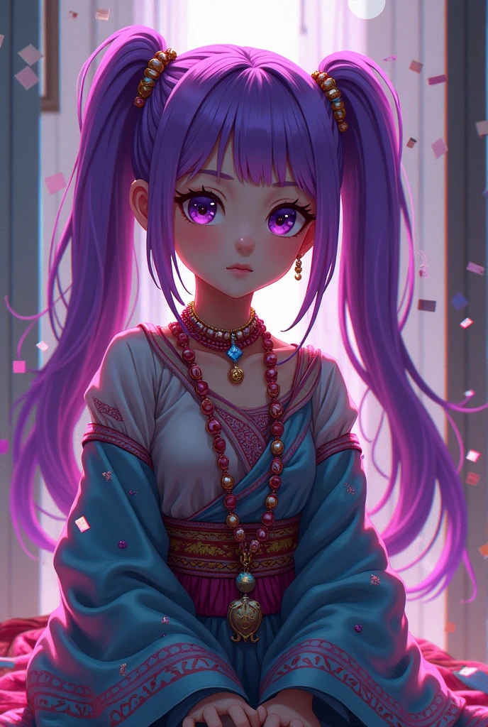 (nonsense, height, very detailed), (1 girl:1.3), Twintail, purple hair, Take a break , glitch art, digital distortion, Pixel fragments, Corrupted data, Colorful sounds, visual chaos, contemporary aesthetics Take a break , Tooth enamel art, vitreous surface, bright colors, varnish, Reflective surface, Rich pigment, fluid forms Take a break , Ethnic style, traditional clothing, lively pattern, handmade textiles, Cultural motifs, Beaded jewelry, craft accessories