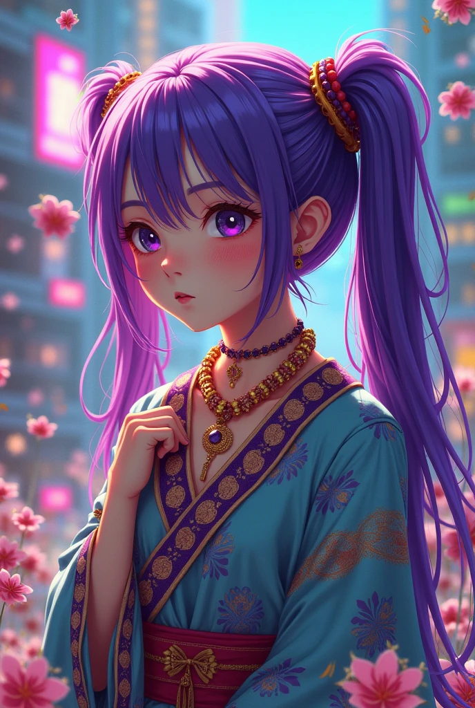 (nonsense, height, very detailed), (1 girl:1.3), Twintail, purple hair, Take a break , glitch art, digital distortion, Pixel fragments, Corrupted data, Colorful sounds, visual chaos, contemporary aesthetics Take a break , Tooth enamel art, vitreous surface, bright colors, varnish, Reflective surface, Rich pigment, fluid forms Take a break , Ethnic style, traditional clothing, lively pattern, handmade textiles, Cultural motifs, Beaded jewelry, craft accessories