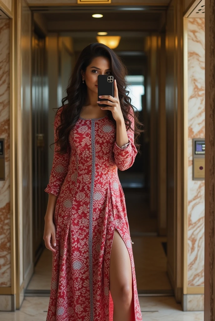Create a mirror selfie of a sexy curvy woman wearing a traditional red blue outfit with a white bandhani pattern. The outfit has a round neckline, long sleeves, and a high slit in the front. She is standing in front of an elevator with marble walls on the sides, and the mirror reflects her image. Her face is partially hidden by her phone as she takes the selfie. The image should include the staircase and marble flooring visible in the background, with the overall lighting being natural and warm.
