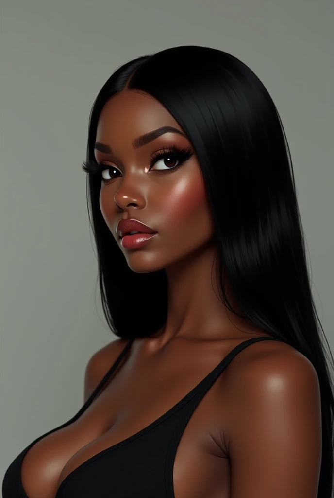 Make me a tall black girl with straight hair, she has big breasts, her face is round, she has black eyebrows, small black eyes, a wide nose and a big mouth.