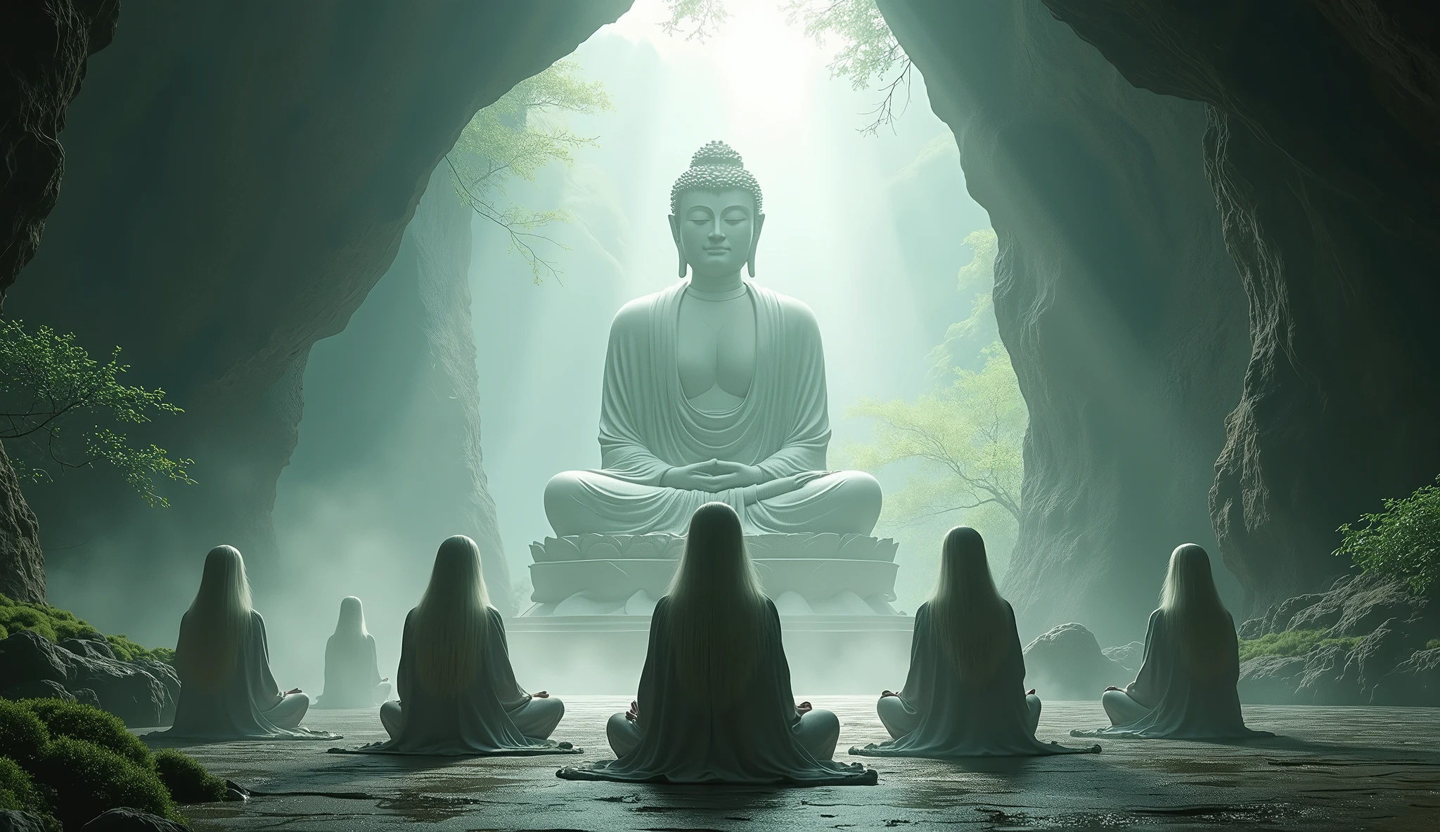 (wide angle shot, far away shot) , A group of woman in Asian Taoism, sitting in cave front of big buddha statue, with long white hair, sitting cross-legged, hands up on both knees. Taoism, wearing a gray robe, miraculous aura, Taoist master, lush landscape, dark green, plum blossom in cave, god ray light from above, fog