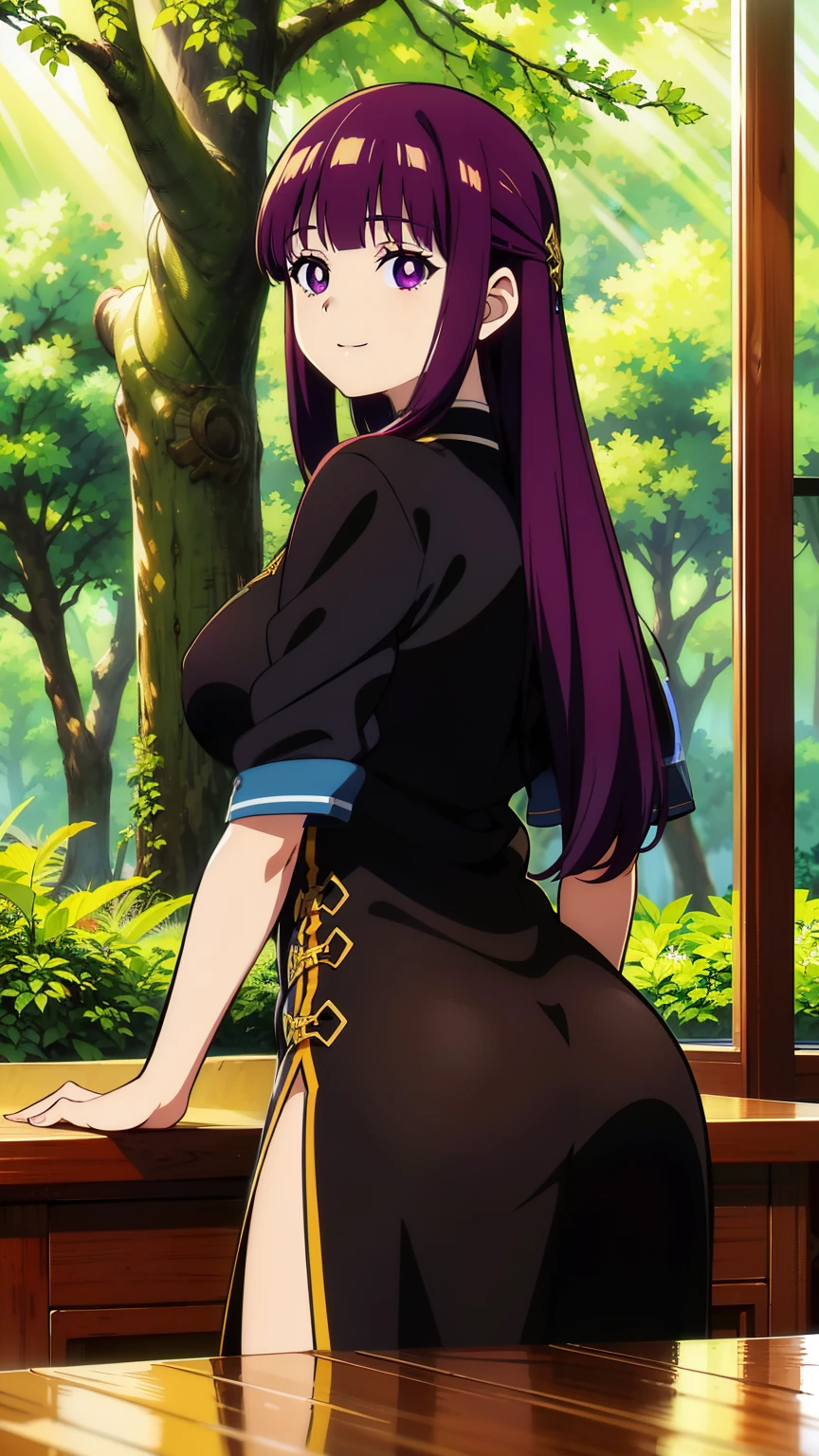 freirenfern, fern, purple hair, long hair, purple eyes, blunt bangs, goddess of beauty, ((perfect anatomy)), image from behind, bright pupils, (thick ass, one girl), bending over a table, flaunting breedable pucy, smiling, (masterpiece, highest quality, high resolution, 8K:1.2), (anime), super resolution, highly detailed and beautiful, highly detailed beautiful girl, highly detailed face, highly detailed eyes, perfect anatomy, cowboy shot, highly detailed cg unity 8k, (chinese cheongsam, forest),