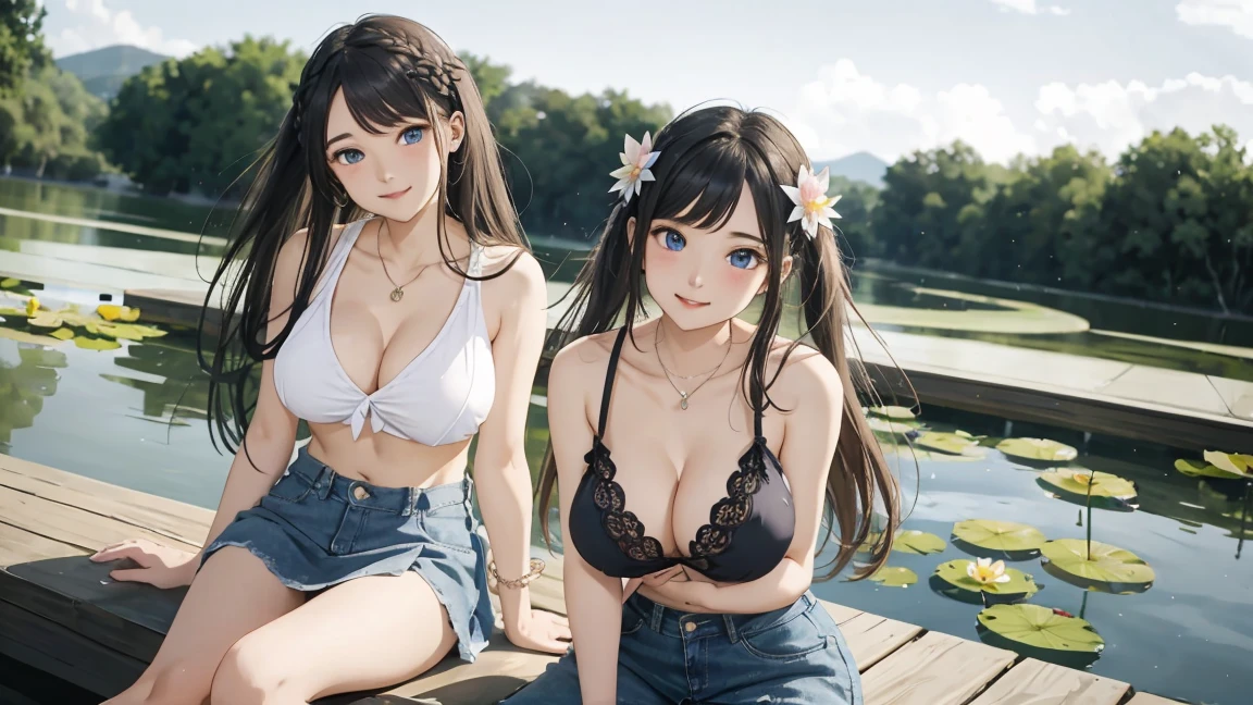 ( 3 girls), smile、Look into the camera、diamond necklace、braided hair, Wear a jeans skirt..,Random color tank top:1.2. Revealing the upper arm、Extra long twin tail feathers、Flower Hair Ornaments、 Masterpiece, Highest quality, 8ก, beautiful girl, young face、 photography, Cute face, thigh,(Sitting in a lotus pond),、smile、small waist, blue eyes(((The chest is erect....)))(((round chest)))(((big breasts:1.2)))