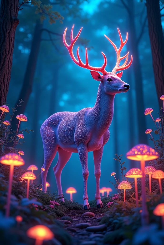 a glowing bioluminescent forest, bioluminescent mushrooms, bioluminescent plants, glowing bioluminescent flowers, a glowing bioluminescent deer, ultra-detailed, (best quality,4k,8k,highres,masterpiece:1.2),ultra-detailed,(realistic,photorealistic,photo-realistic:1.37),dramatic lighting,vibrant colors,cinematic composition