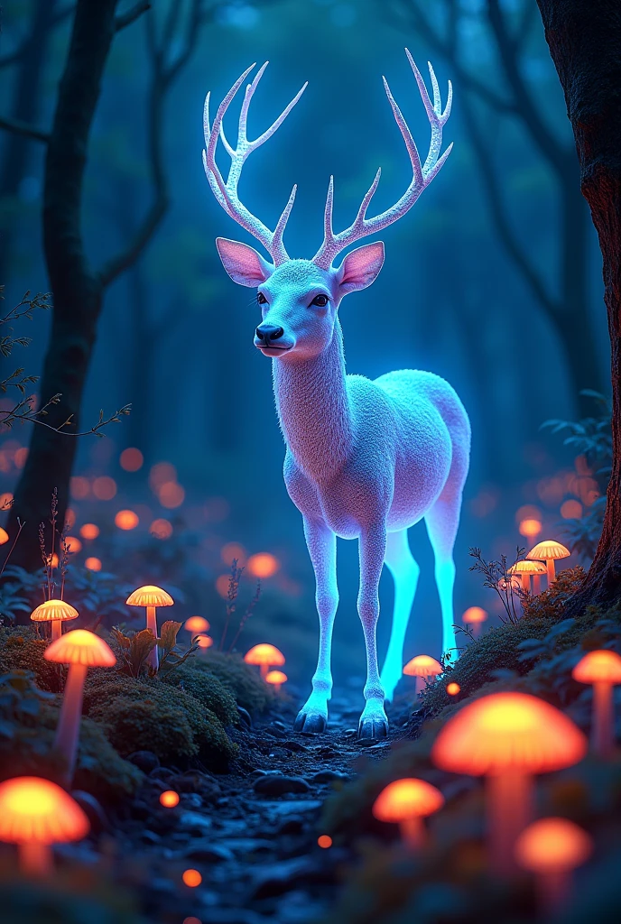 a glowing bioluminescent forest, bioluminescent mushrooms, bioluminescent plants, glowing bioluminescent flowers, a glowing bioluminescent deer, ultra-detailed, (best quality,4k,8k,highres,masterpiece:1.2),ultra-detailed,(realistic,photorealistic,photo-realistic:1.37),dramatic lighting,vibrant colors,cinematic composition