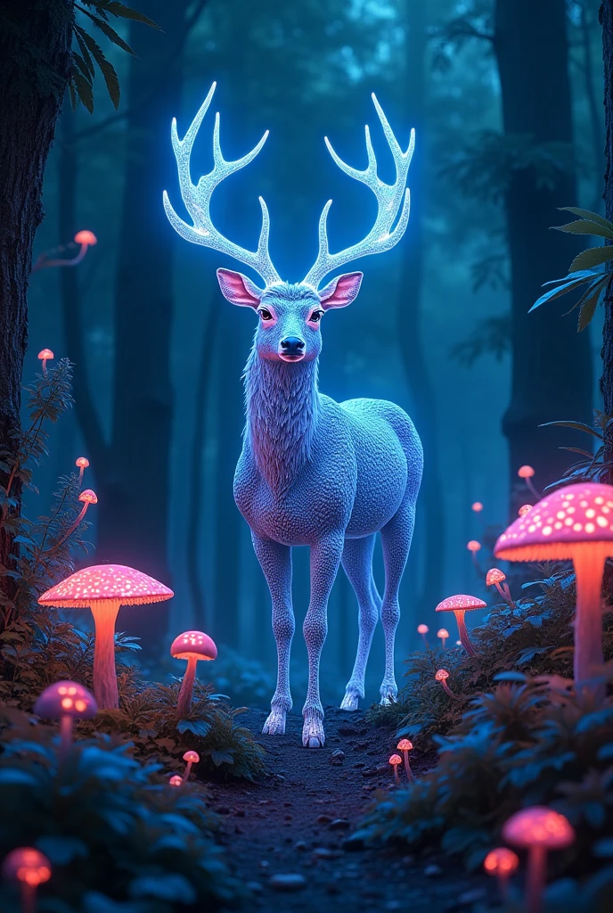 a glowing bioluminescent forest, bioluminescent mushrooms, bioluminescent plants, glowing bioluminescent flowers, a glowing bioluminescent deer, ultra-detailed, (best quality,4k,8k,highres,masterpiece:1.2),ultra-detailed,(realistic,photorealistic,photo-realistic:1.37),dramatic lighting,vibrant colors,cinematic composition