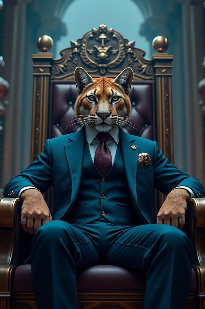 Mountain lion in a suit sitting on a throne with the word written in Armenian symbols above his head " LION " in a blue tint