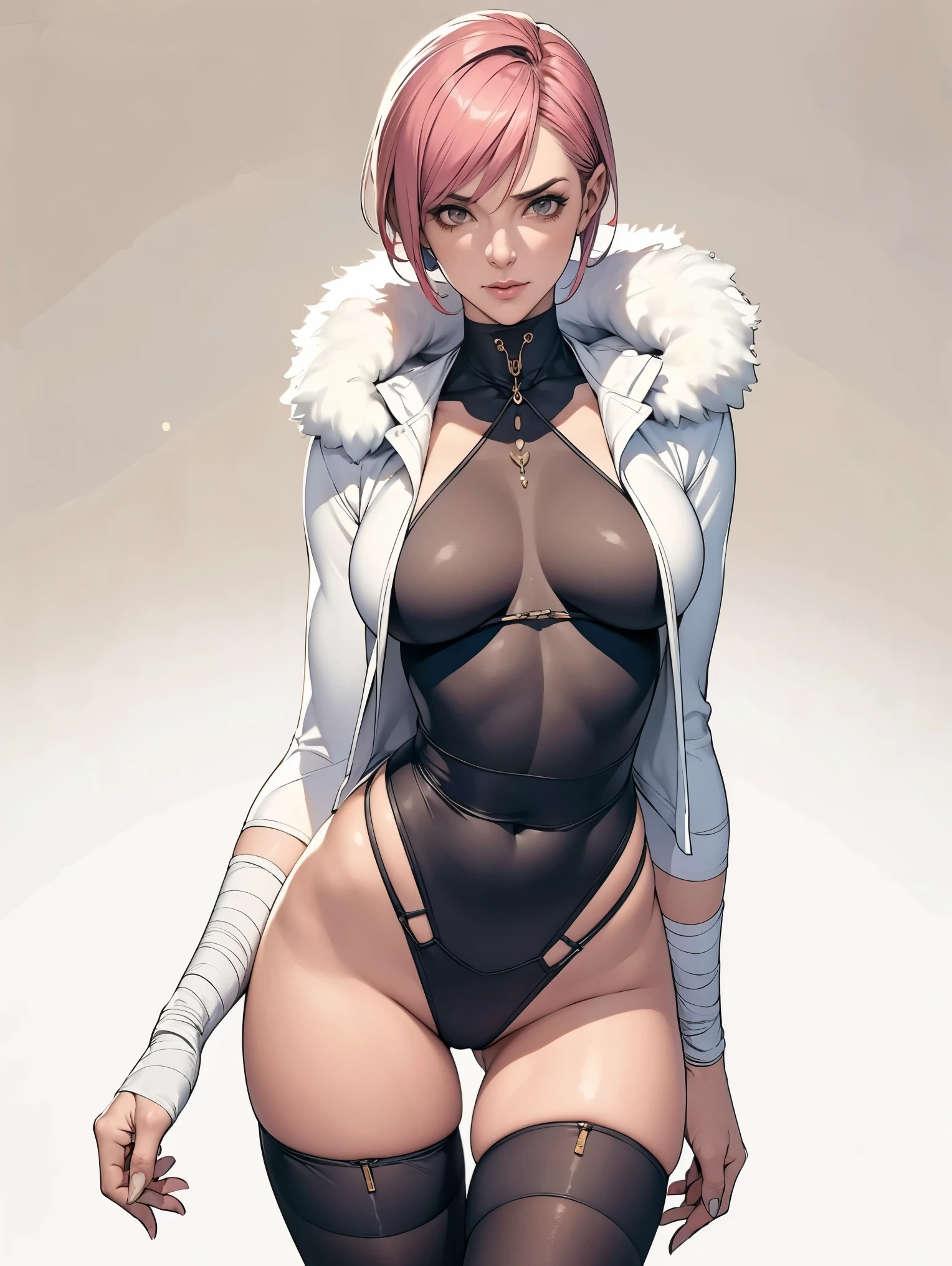 (((Annie Lennox))), (((colorful suit))), (scars), (((bandaged arms))), (((colorful clothes))) (( hood)), (((best quality: 1.4))), (Unbeatable masterpiece), (hyper HD),(CG 8k hyper-realistic), beautiful face, (((breasts big))), (((hyper feminine))), sexly girl, ((round face)), black tattoo,(ultra short red hair with white highlights)), ((( sculptural body ))), (((1 Kizi))), Kizi tatuada de 25 anos com perfect body, perfect hands, perfect fingers ,Beautiful and well-groomed face, (round face), muscular body:1.2,solid color detailed jacket, (Head to thigh photos), Complex equipment, ,Tight clothes,With white stars and off-white stripes,,,,,Armor Metal Electronic Parts, Poison tattoos ) INFO, Kizi, (((standing alone))), , 24歳, sexy, pose de attitude, work of art, dancing, ((slight smile)), post-apocalypse, (((manga style))), bounty hunter, the way you want, perfect body, roupa moderna, advanced technology, white, yellow accent, black, red accent, fur collar jacket, sleeves with vertical striped pattern, background city, (( cowboy shot )). intricate visual, narrow waist, (((wide hips))), wide hips, fit thighs, (((thigh gap))), Thigh gap, background shows a futuristic airplane, open expression, expression happy