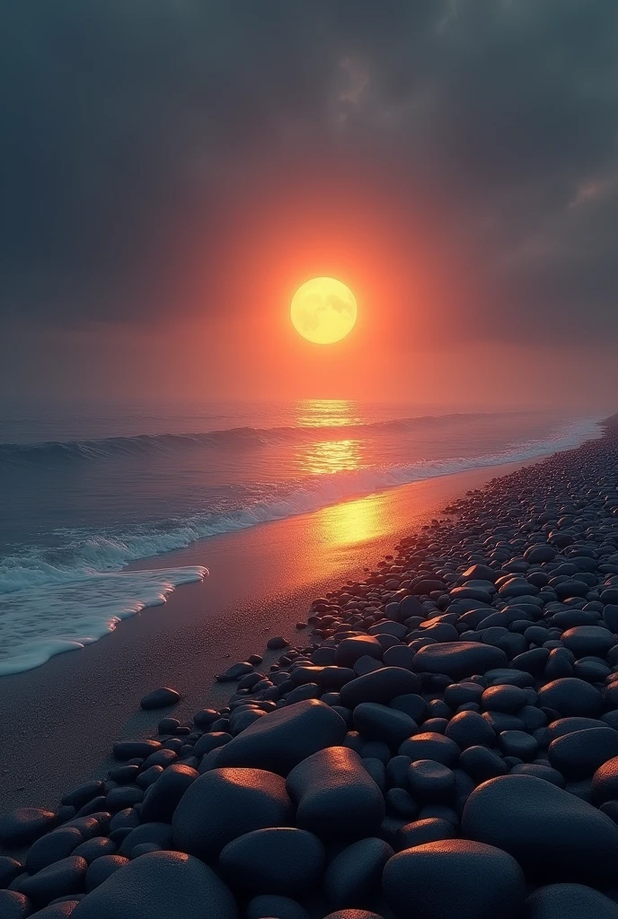Beach landscape where instead of sand there are small stones , where the sun is orange and the sky is dark but it is more realistic