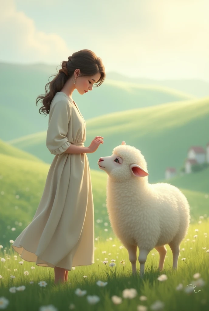 Woman nodding to a white sheep