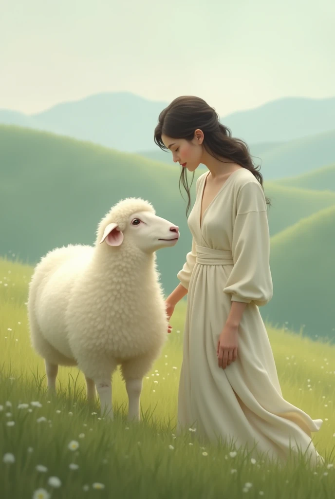Woman nodding to a white sheep